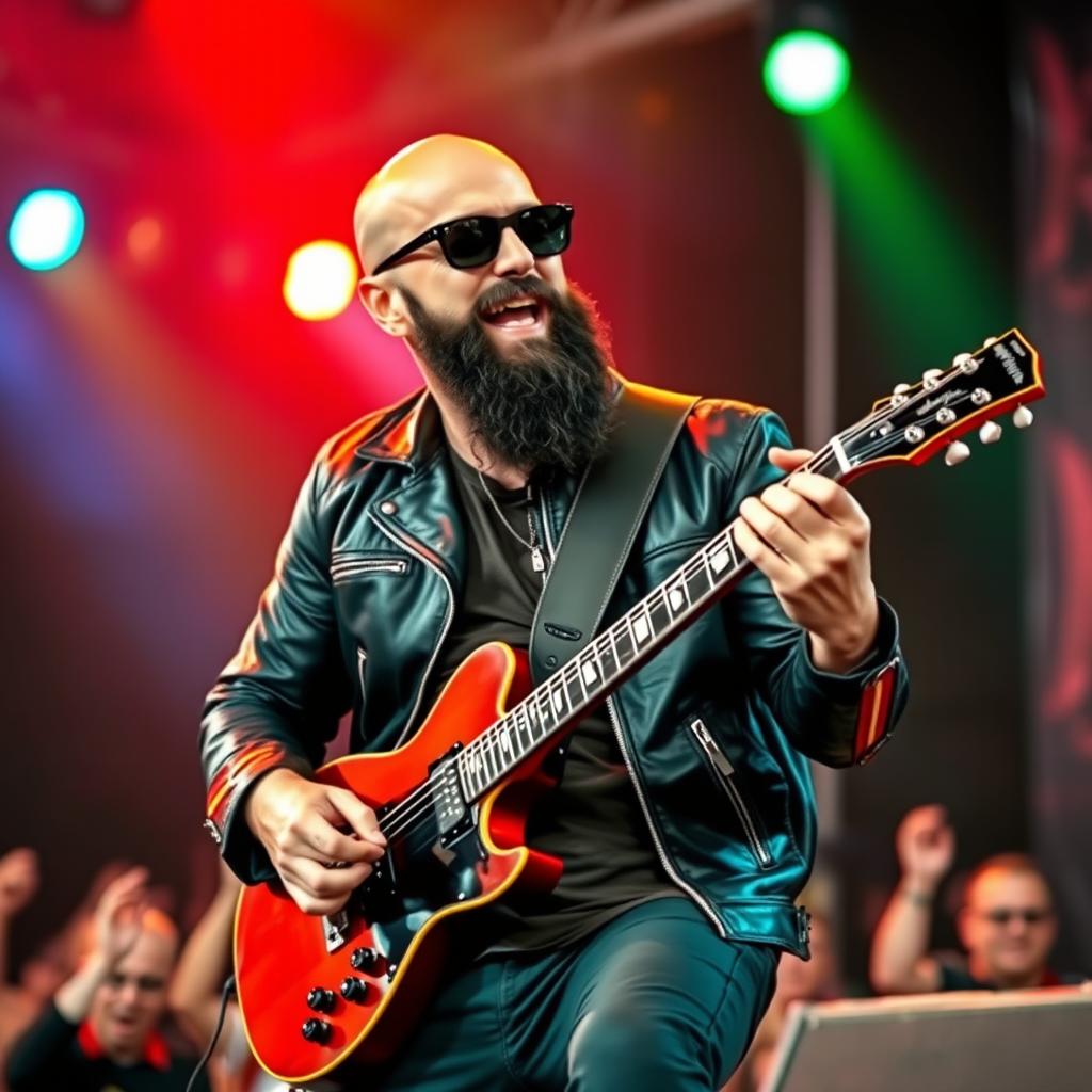 A bald man with a dark beard passionately playing a rock guitar on stage