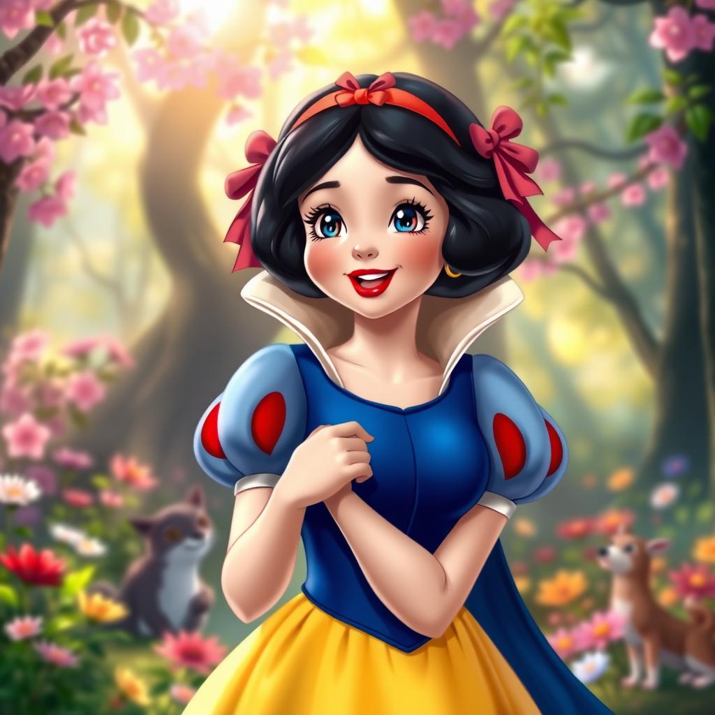 A beautiful rendition of Snow White, featuring her iconic look with vibrant red lips and a classic blue and yellow dress
