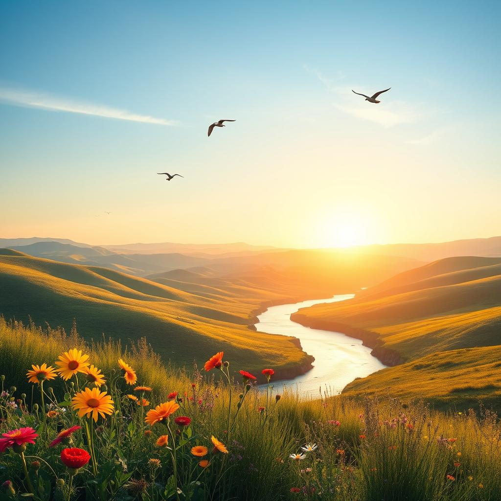 A serene landscape with rolling hills under a clear blue sky, featuring a peaceful river flowing gently through the scene