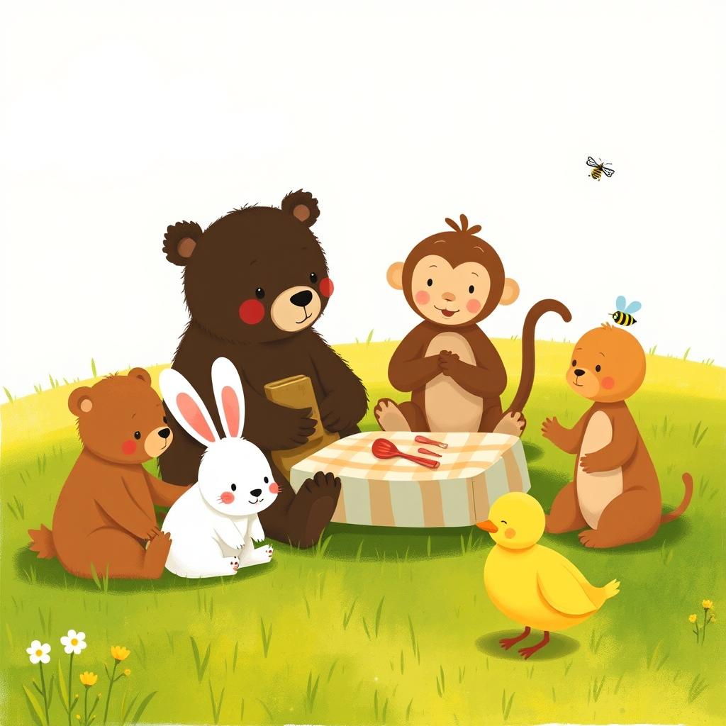 A cute little bear, an adorable little white rabbit, a charming little brown monkey, a delightful little yellow duck, and a small bee having a picnic on a grassy field, all illustrated in the style of Jon Klassen
