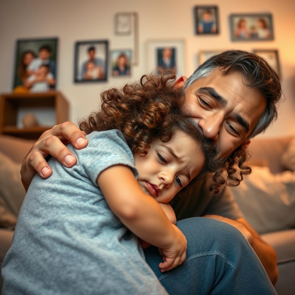A heartwarming scene of a distressed baby girl with curly hair, resting her head on her father's leg, tears glistening in her eyes