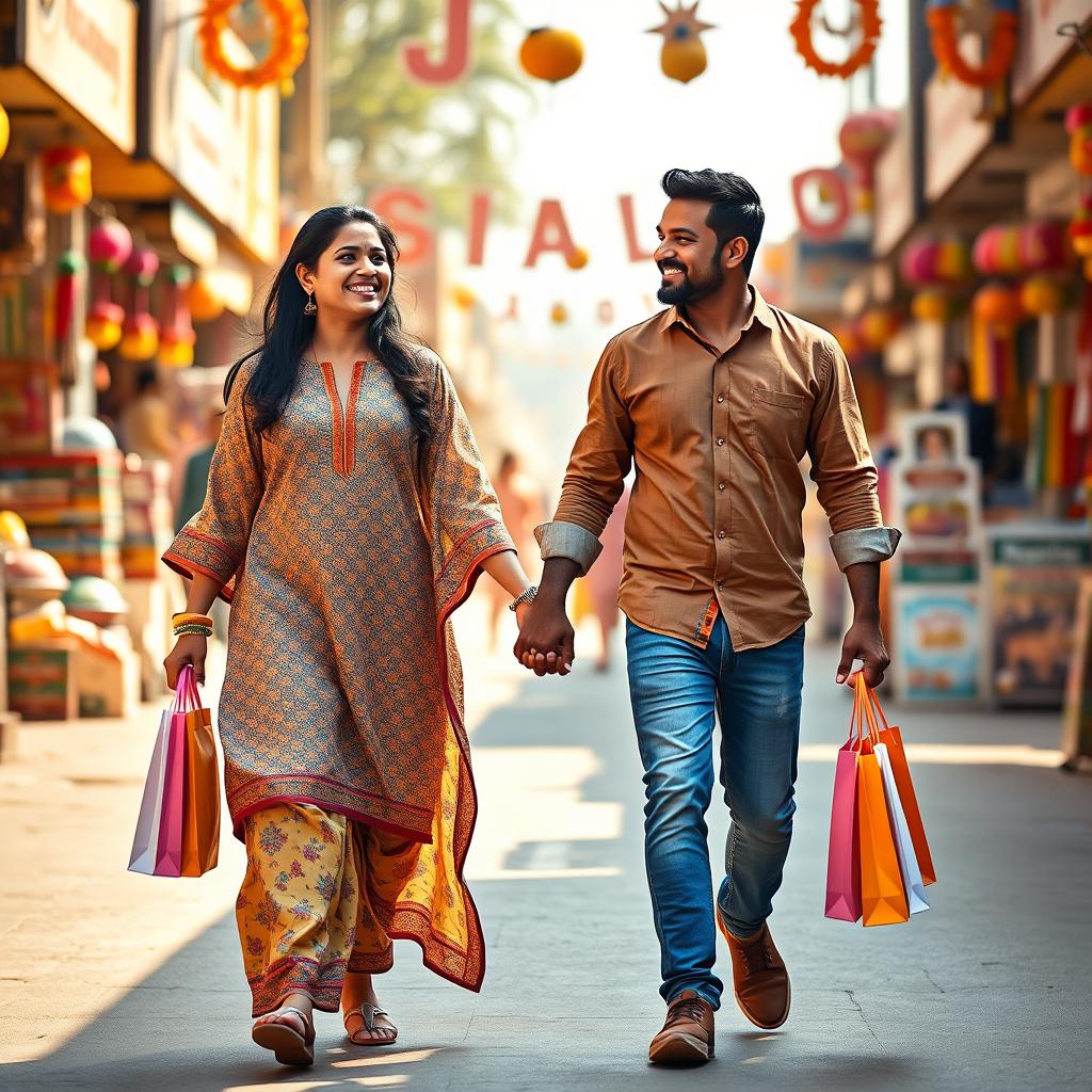 A portrait-oriented cinematic film poster showcasing a cheerful Maharashtrian couple of the same height walking hand in hand down a vibrant street after a fun shopping outing