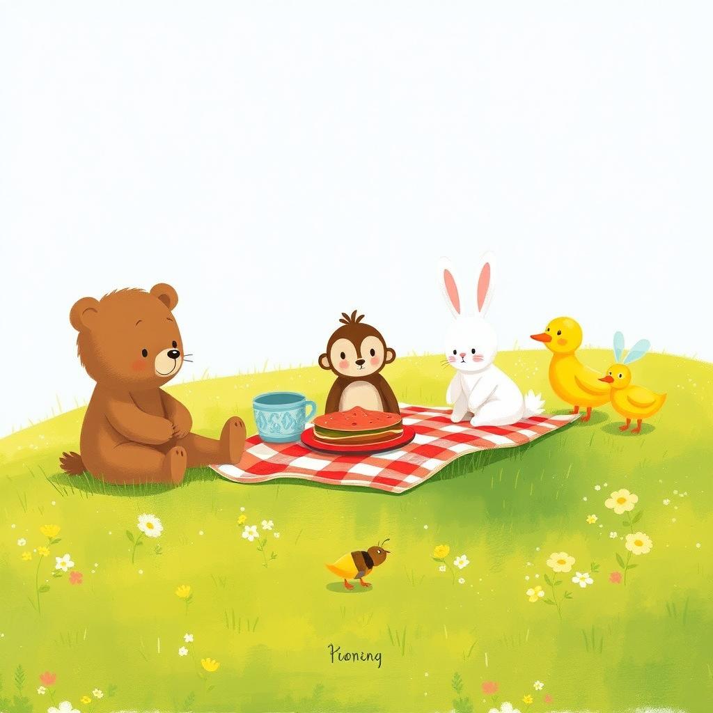 A cute little bear, an adorable little white rabbit, a charming little brown monkey, a delightful little yellow duck, and a small bee having a picnic on a grassy field, all illustrated in the style of Jon Klassen