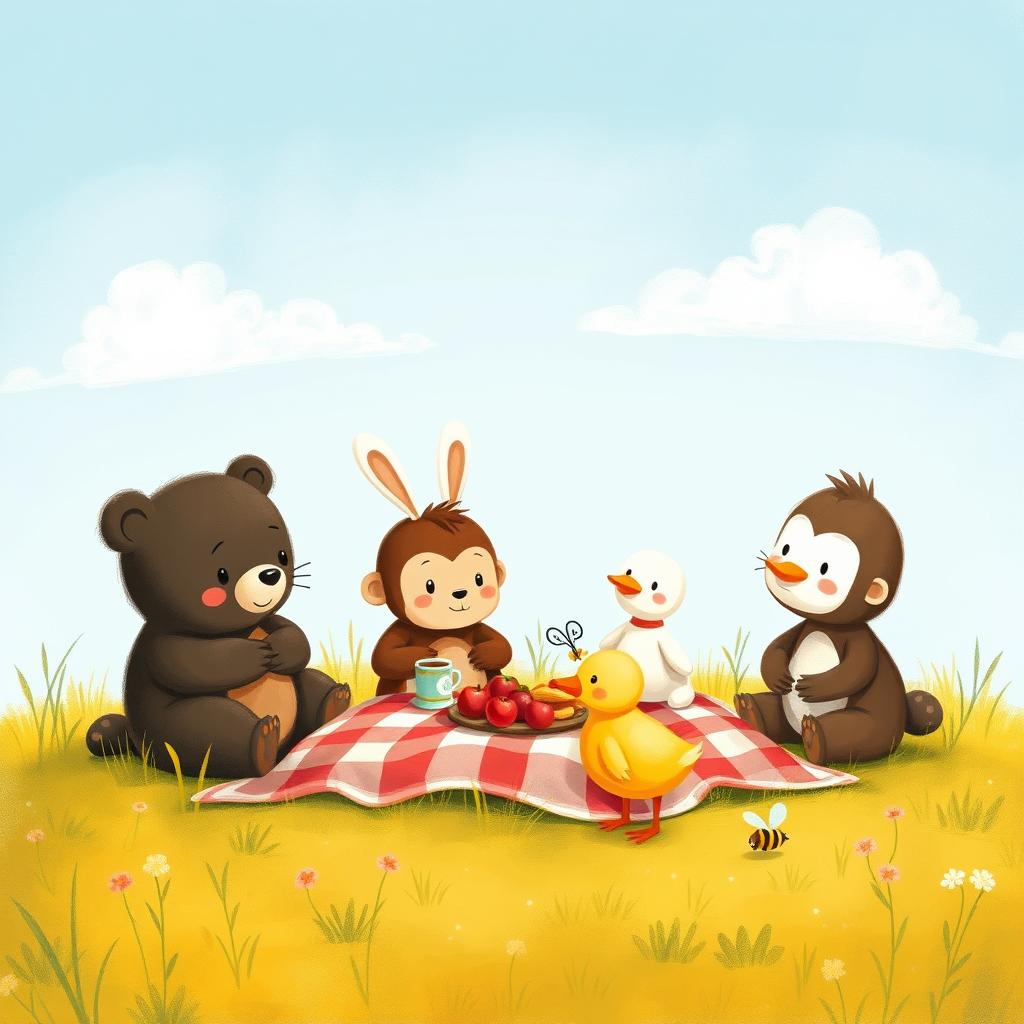 A cute little bear, an adorable little white rabbit, a charming little brown monkey, a delightful little yellow duck, and a small bee having a picnic on a grassy field, all illustrated in the style of Jon Klassen