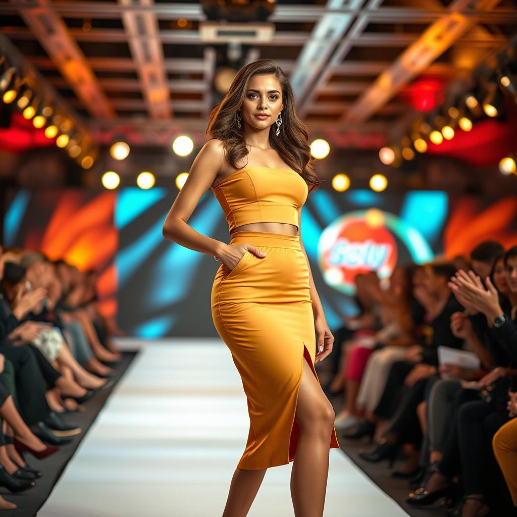 A stunning, fashionable woman confidently modeling on a vibrant fashion stage, showcasing a chic two-piece outfit that combines elegance and modern style