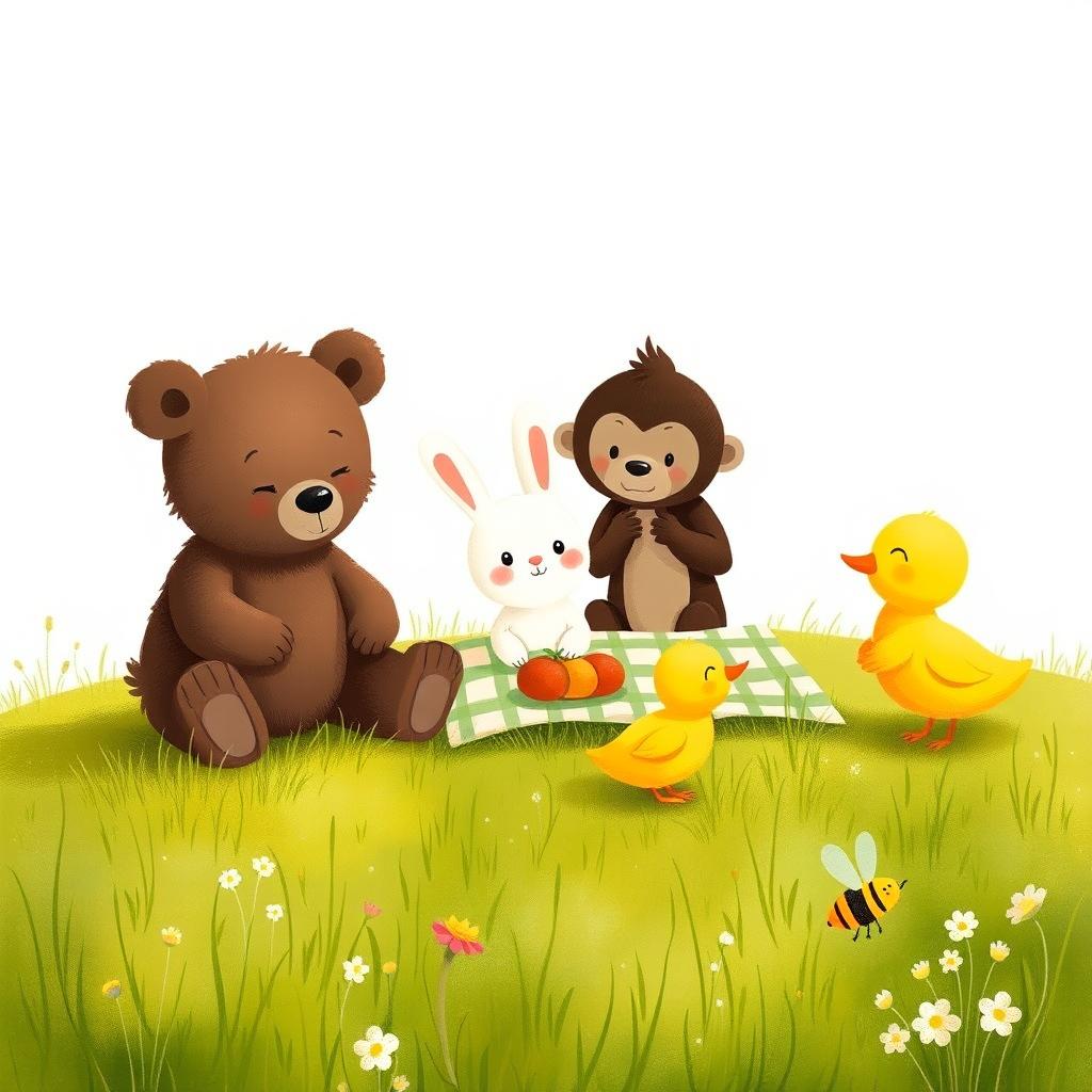 A cute little bear, an adorable little white rabbit, a charming little brown monkey, a delightful little yellow duck, and a small bee having a picnic on a grassy field, illustrated in the style of Jon Klassen
