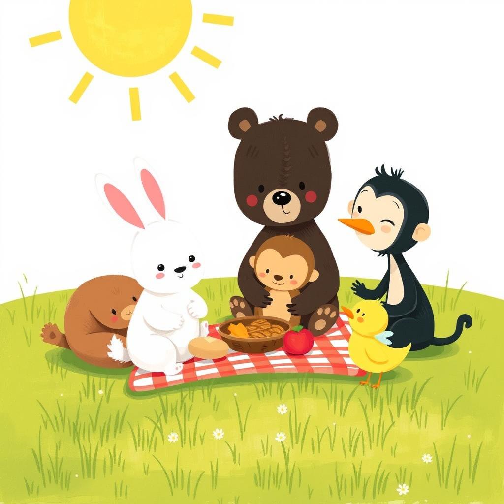A cute little bear, an adorable little white rabbit, a charming little monkey, a delightful little yellow duck, and a small bee having a picnic on a grassy field, all illustrated in the style of Jon Klassen