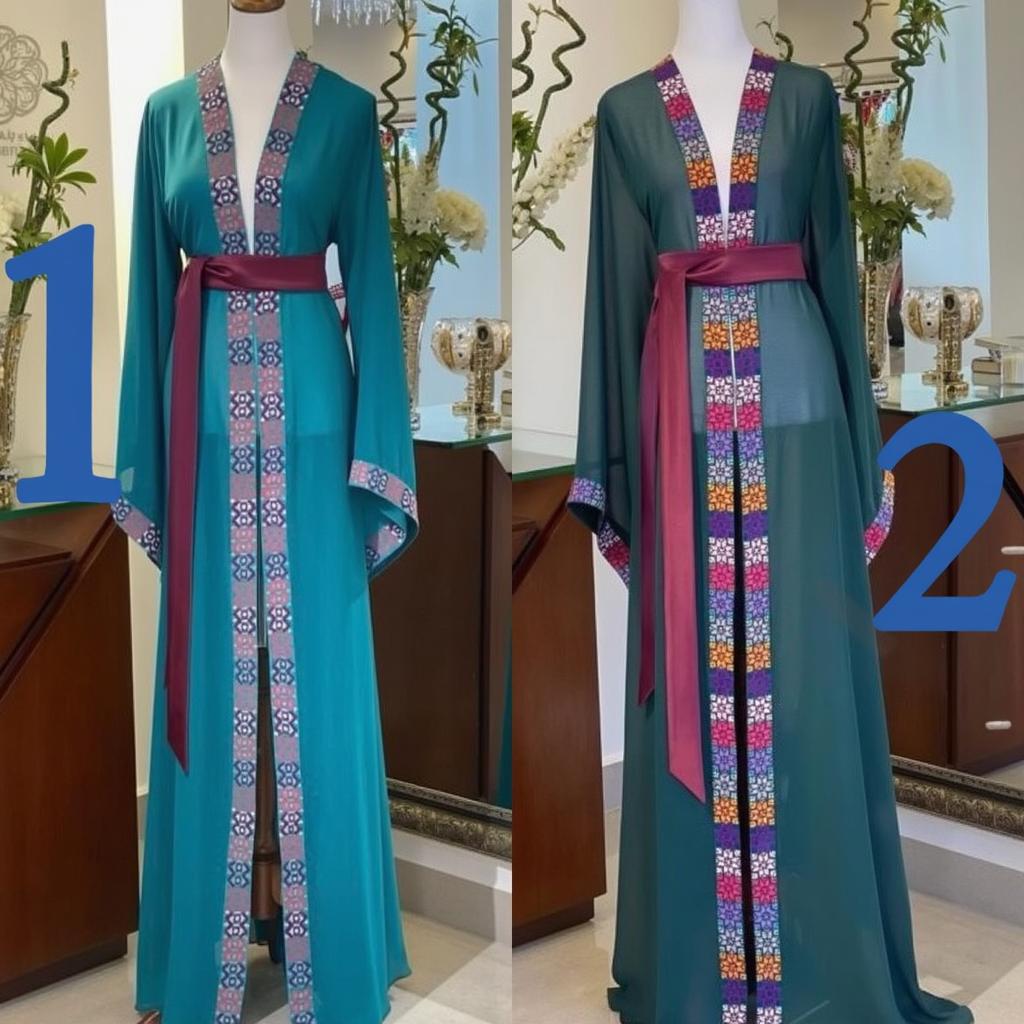 A beautiful dress showcased on a mannequin, featuring an elegant green fabric from image 2, with intricate, colorful embroidery maintained from image 1