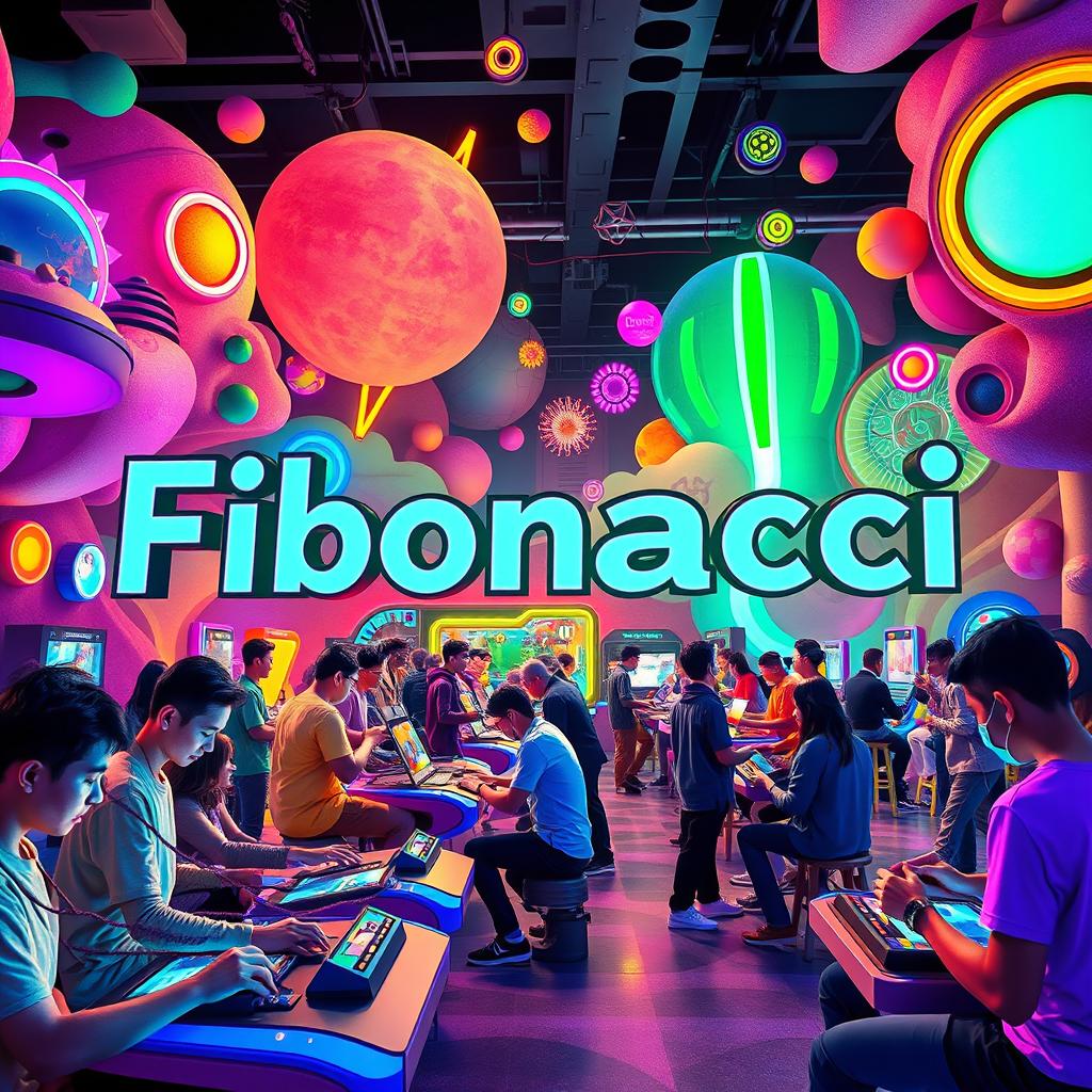 A vibrant and dynamic gaming scene featuring the name 'Fibonacci' prominently displayed in a stylish, modern font