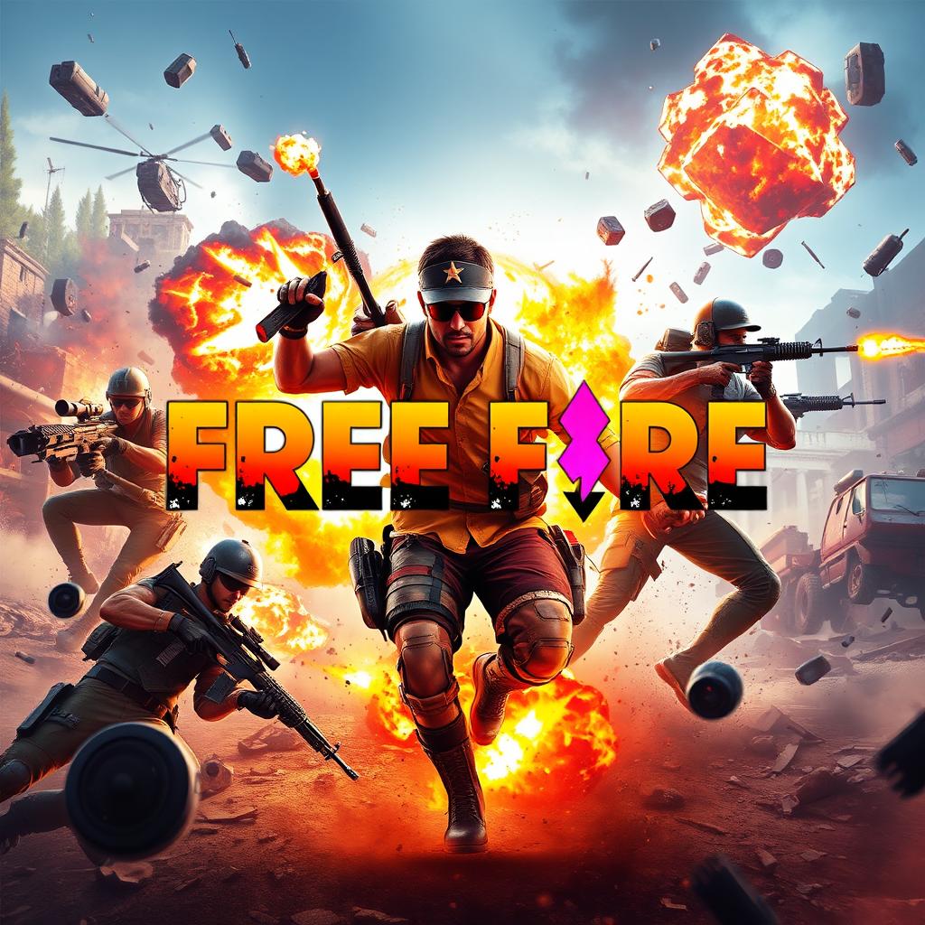 A bold and dynamic gaming-themed image featuring the title 'Free Fire' prominently displayed