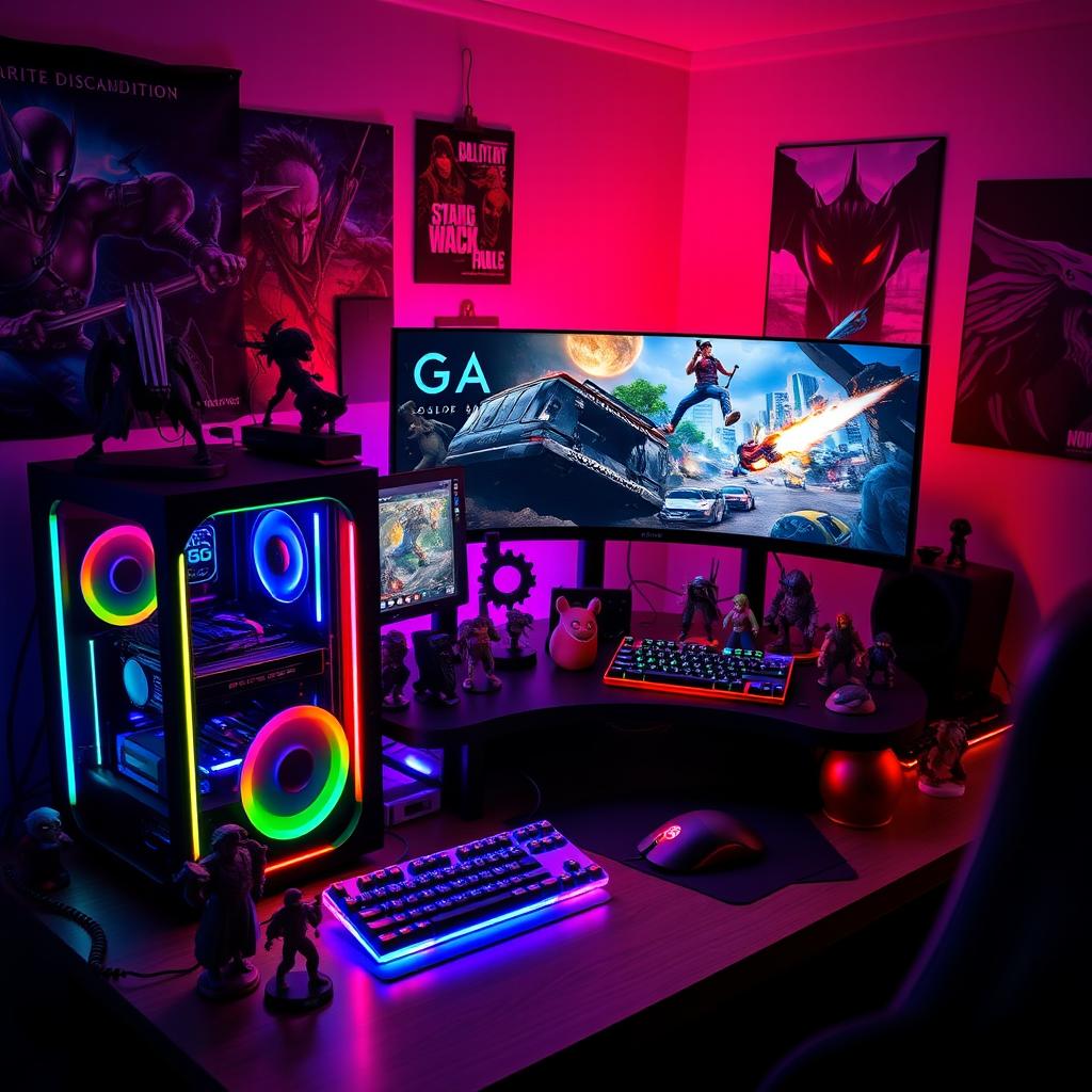 A vibrant and dynamic gaming scene, showcasing an impressive setup with a high-end gaming PC featuring RGB lighting