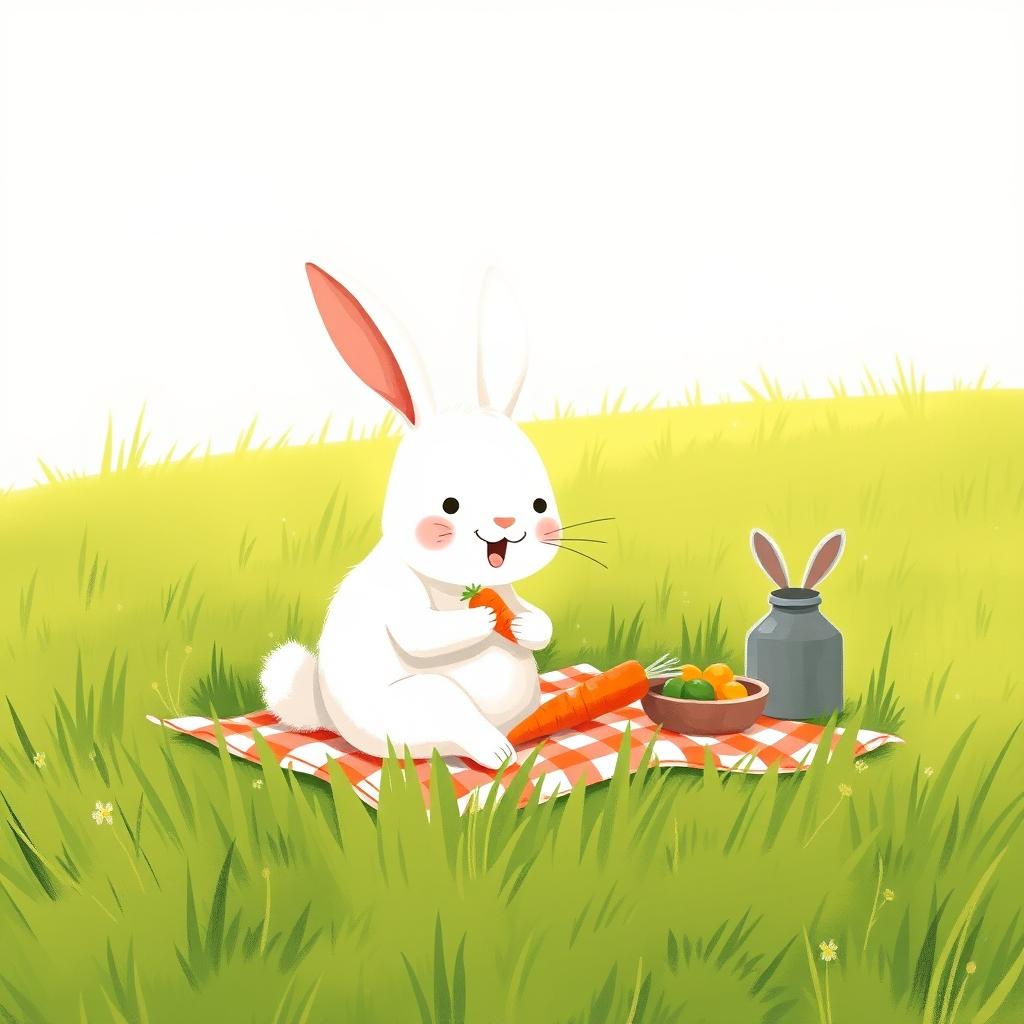 A cute little white rabbit enjoying a picnic on a grassy field, happily eating a carrot, illustrated in the style of Jon Klassen