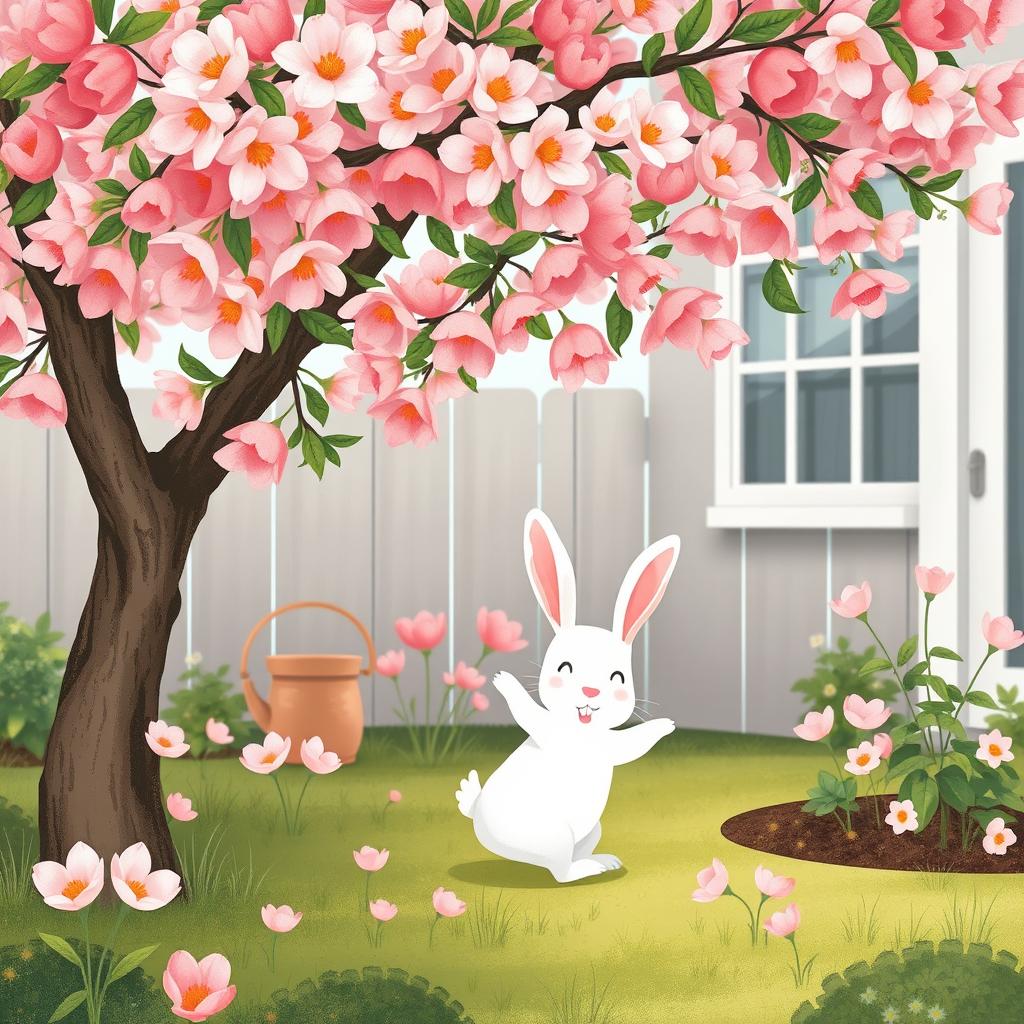 A cute little white rabbit playing under a peach blossom tree in a home garden, illustrated in the style of Jon Klassen