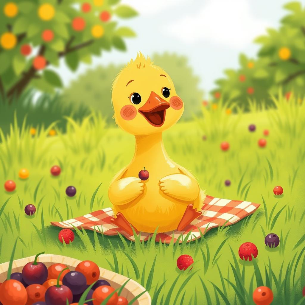 A cute little yellow duck enjoying a picnic on a grassy field, happily eating small berries, illustrated in the style of Jon Klassen