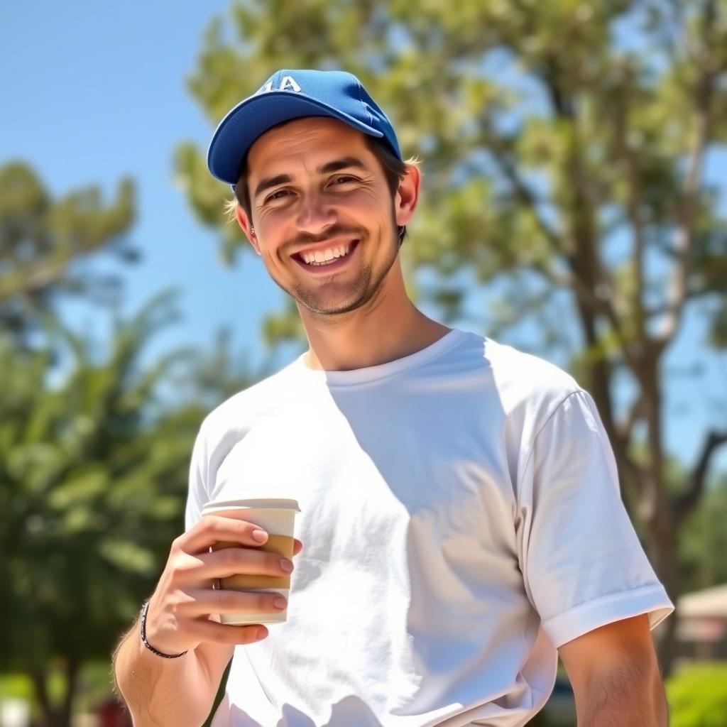 A man wearing a blue cap, with a warm smile, standing in a sunny outdoor setting