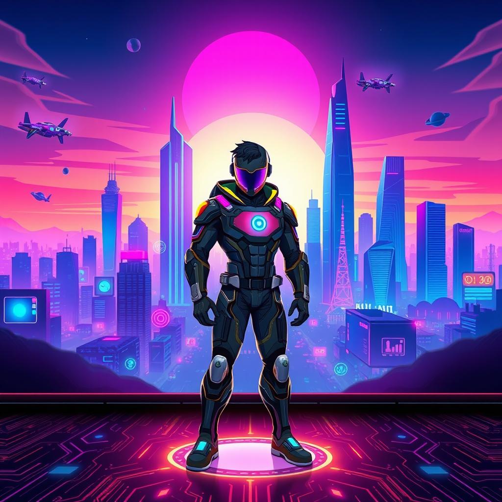 A vibrant and dynamic gaming background featuring a futuristic cityscape with neon lights and flying cars