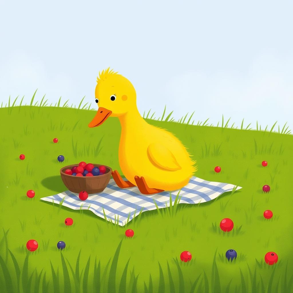 A small yellow duck having a picnic on a grassy field, enjoying a few small berries, illustrated in the style of Jon Klassen