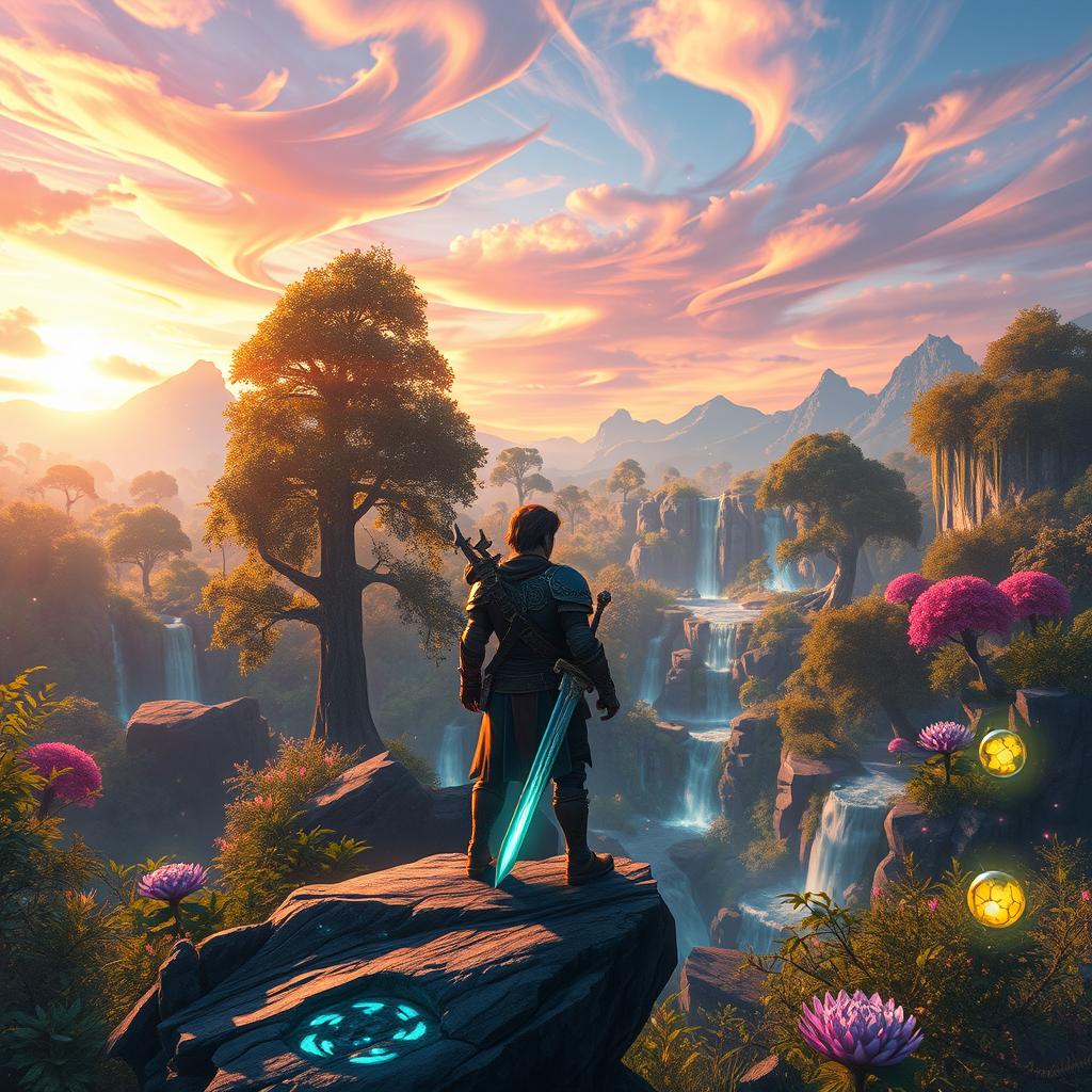 A captivating and immersive gaming background set in a lush fantasy landscape