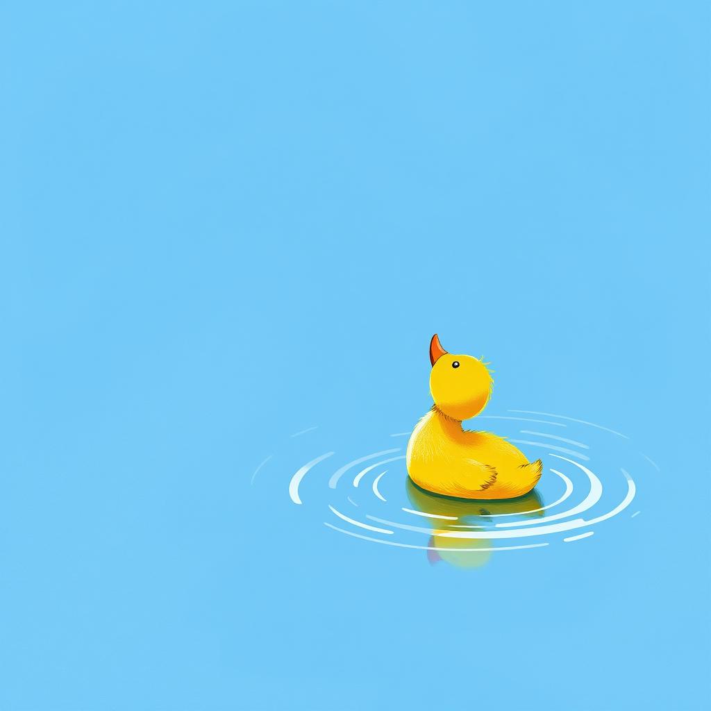 A small yellow duck in a pond, looking up at the bright blue sky, illustrated in the style of Jon Klassen