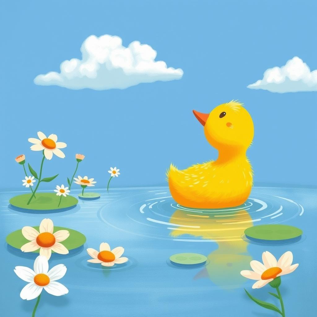 In spring, a cute small yellow duck in a pond, looking up at the bright blue sky, illustrated in the style of Jon Klassen