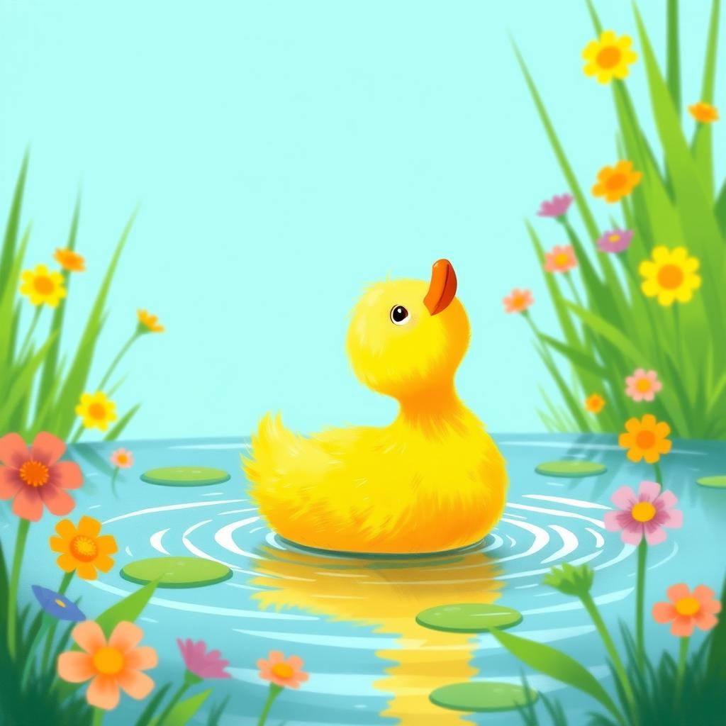 In spring, a cute small yellow duck in a pond, looking up at the bright blue sky, illustrated in the style of Jon Klassen