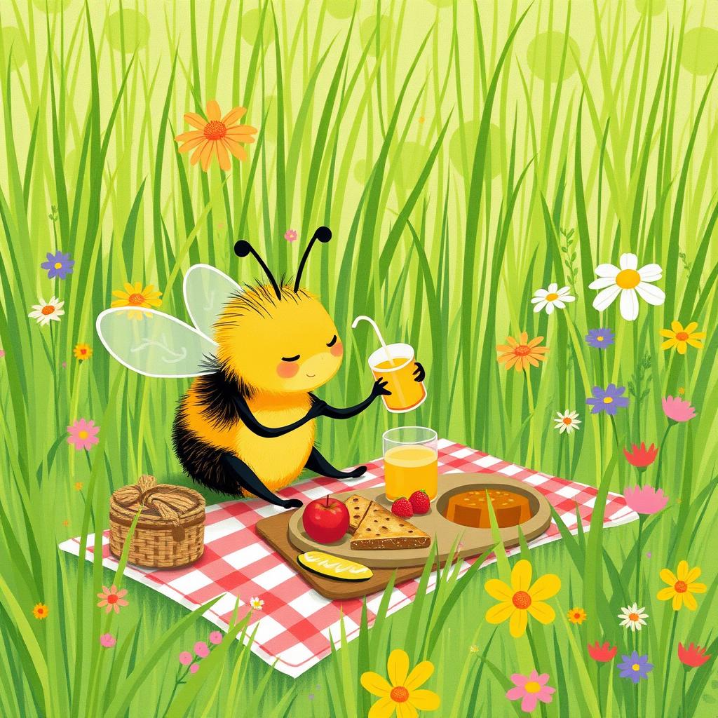 A small bee having a picnic on the grass, sipping a tiny cup of juice, illustrated in the style of Jon Klassen