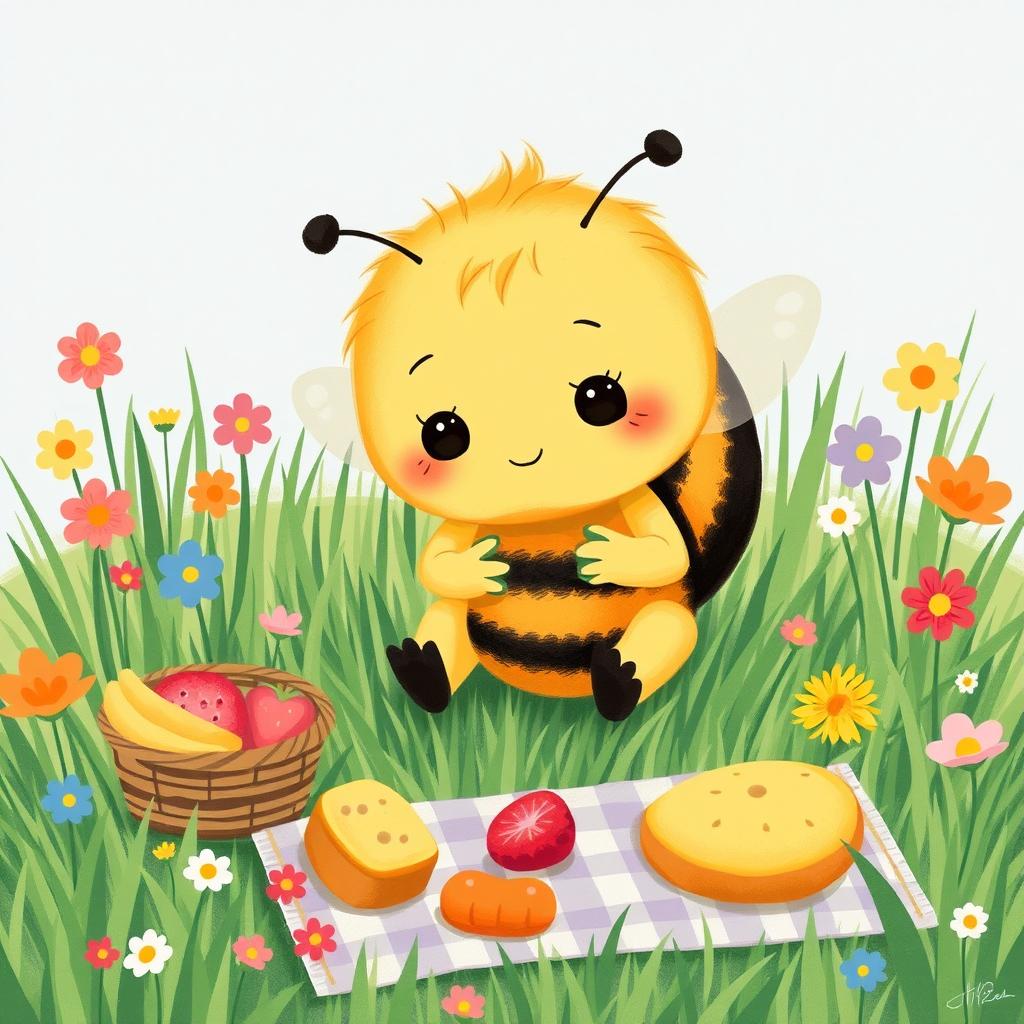 A cute small bee having a picnic on the grass, sipping a tiny cup of juice, illustrated in the style of Jon Klassen