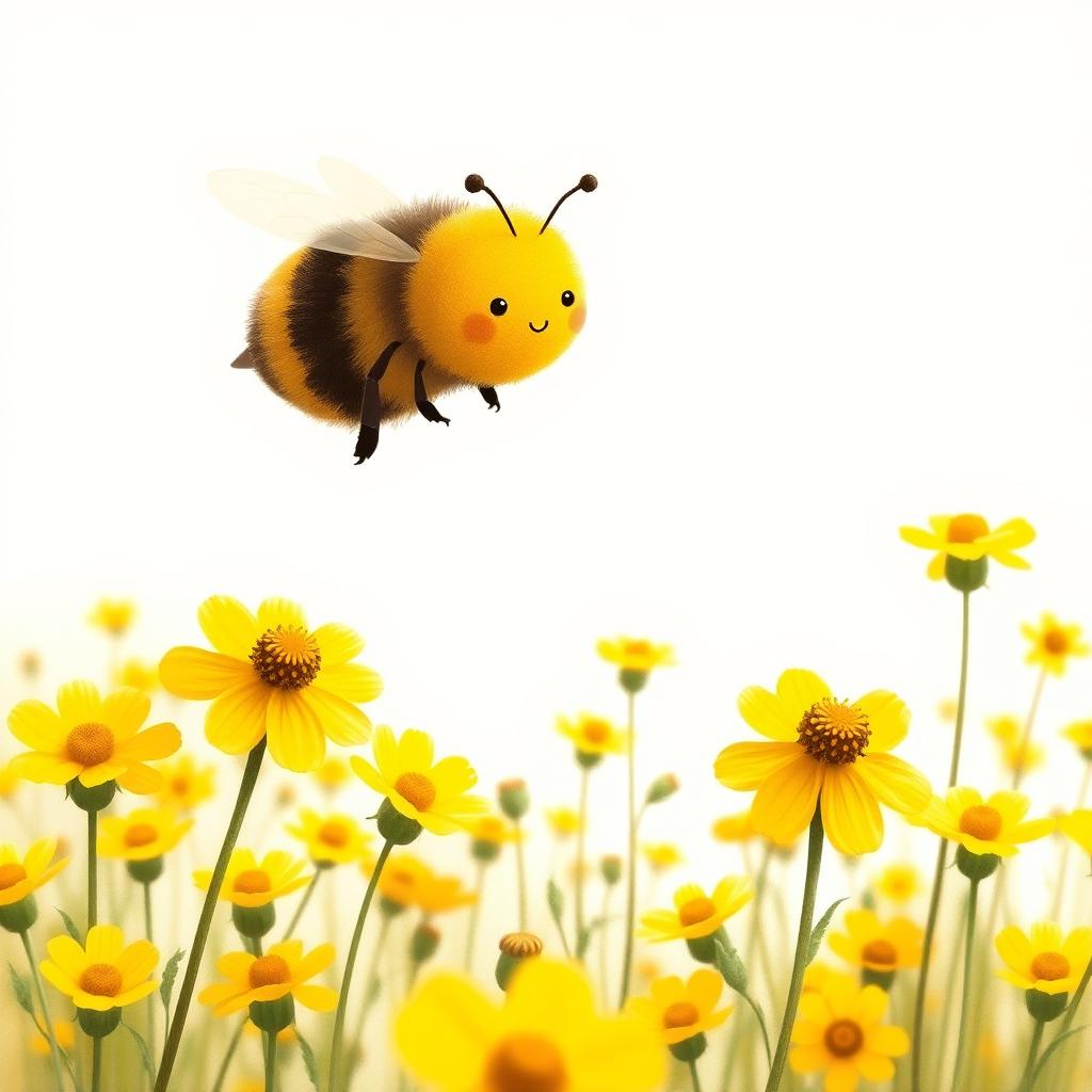 A small bee flying over a field of canola flowers, gathering nectar, illustrated in the style of Jon Klassen