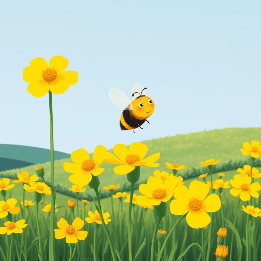 A small bee flying in a field of canola flowers, gathering nectar, illustrated in the style of Jon Klassen
