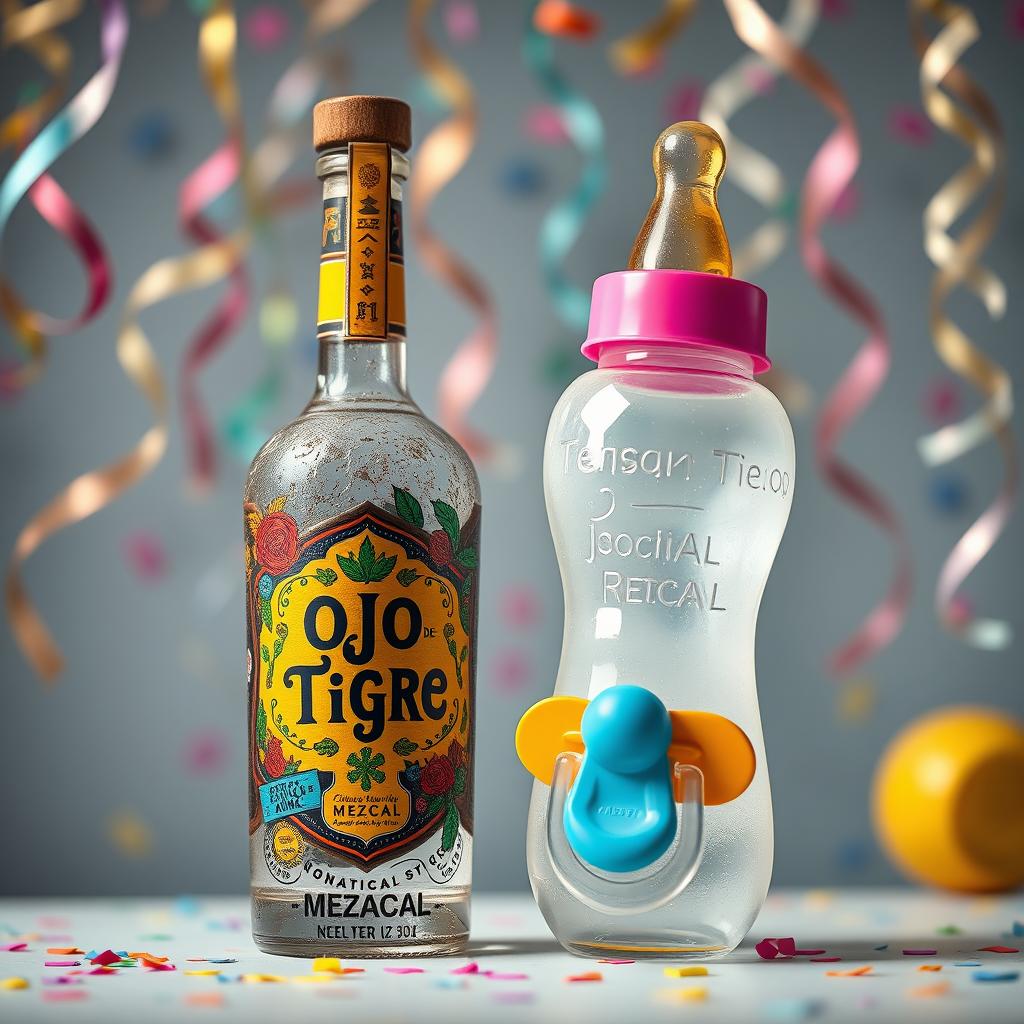 A whimsical scene featuring a mezcal bottle of 'Ojo de Tigre' paired creatively with an oversized baby bottle styled as a pacifier