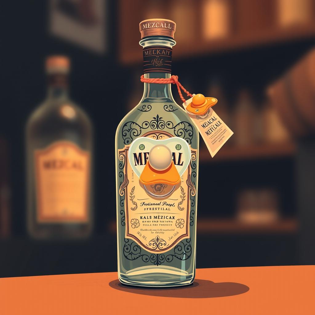 A creative and whimsical illustration of a mezcal bottle, elegantly designed with intricate patterns and labels that highlight its artisanal heritage