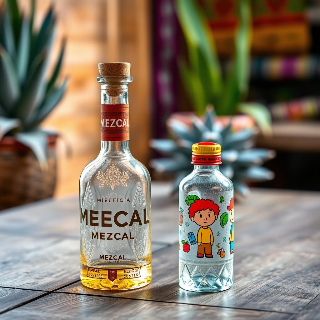 A beautifully crafted mezcal bottle made from unique artisanal glass, featuring intricate designs and a traditional cork top