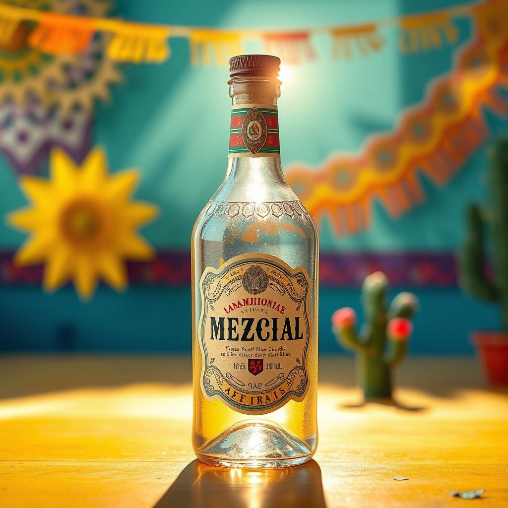 A whimsical and playful scene depicting a traditional Mexican mezcal bottle, creatively designed to resemble a baby bottle