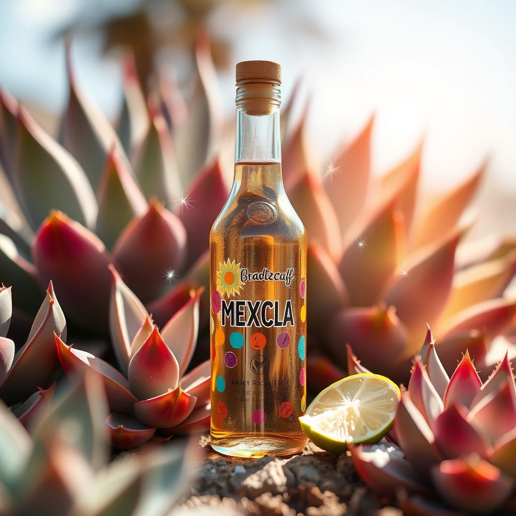 A whimsical artistic composition featuring a baby bottle filled with mezcal, surrounded by an array of vibrant agave plants