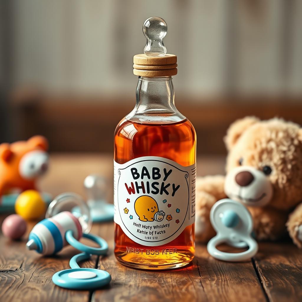A whimsical scene featuring a baby bottle filled with whisky, placed on a rustic wooden table