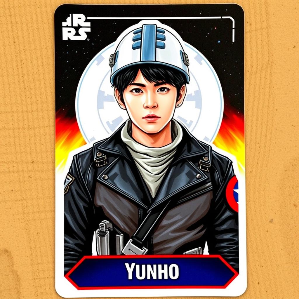 A Star Wars trading card featuring Yunho from Ateez portrayed as a Rebel soldier