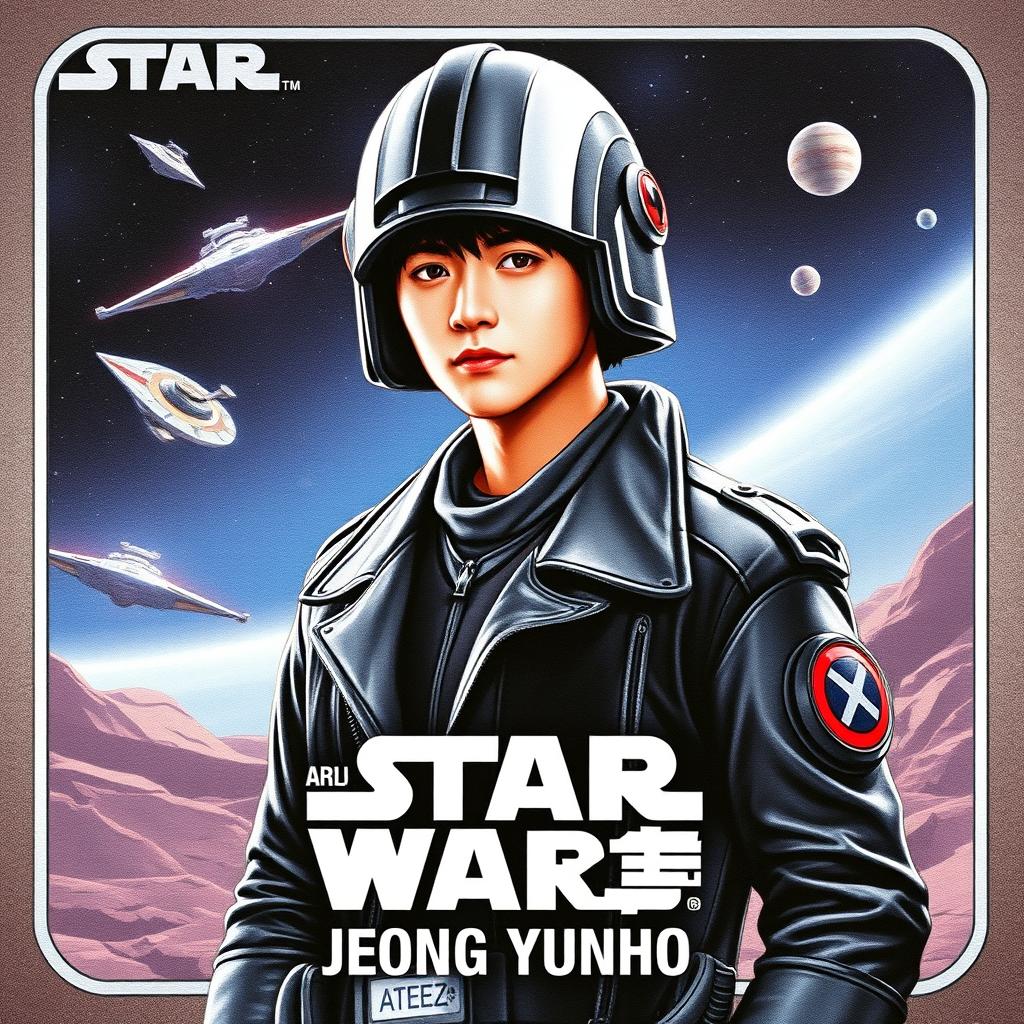 A Star Wars themed trading card featuring Jeong Yunho from Ateez dressed as a rebel soldier