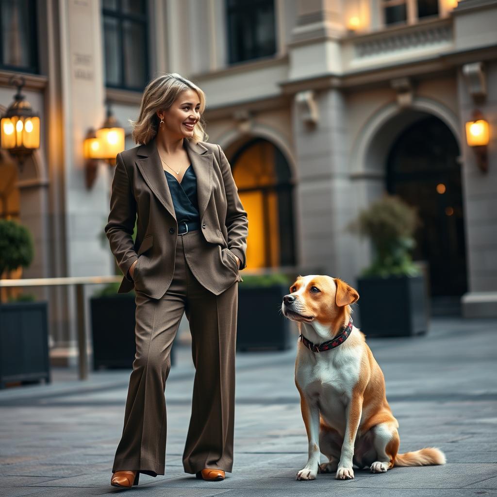A stylish photoshoot of a person and their dog, both exuding elegance and charm