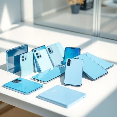 A vibrant display of various smartphones in light blue colors, arranged ...