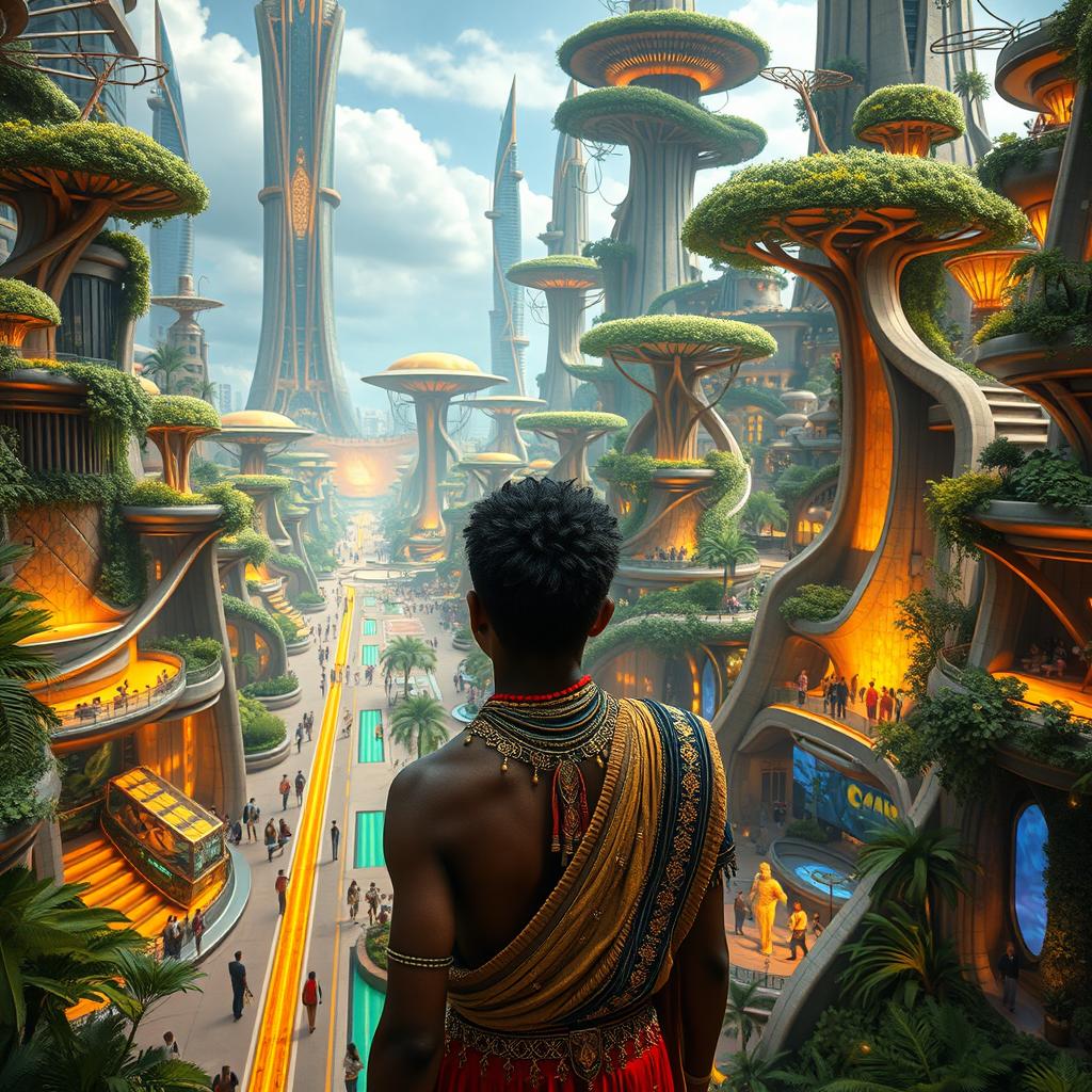 A magnificent, futuristic and naturalistic city with gold-lined streets, vibrant greenery, and innovative architecture blending nature with technology