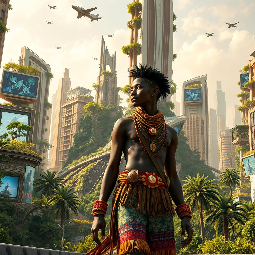 A stunning, futuristic and naturalistic city with streets adorned in gold, capturing a blend of advanced technology and lush greenery