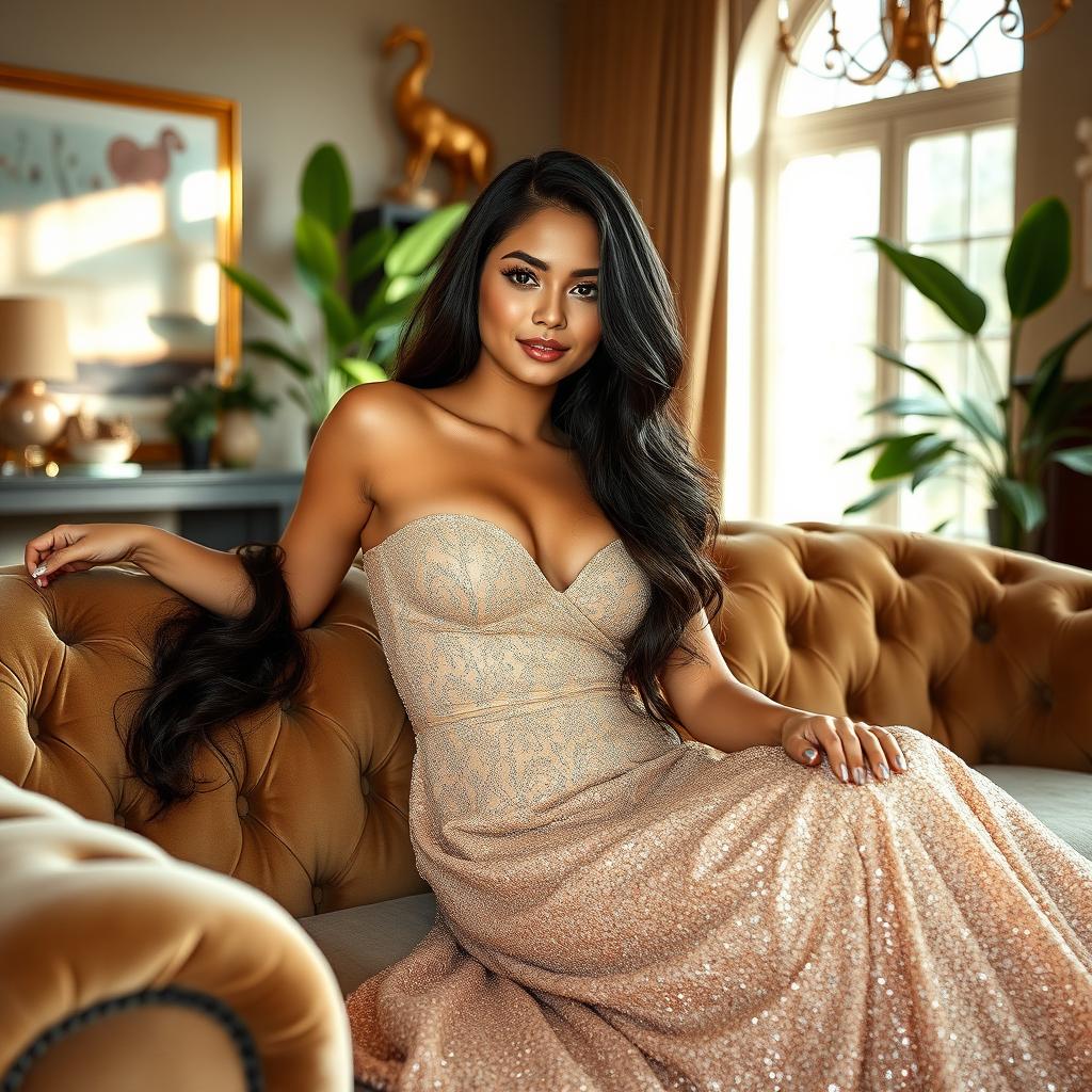A glamorous young woman reclining gracefully on a plush velvet sofa in an elegant living room