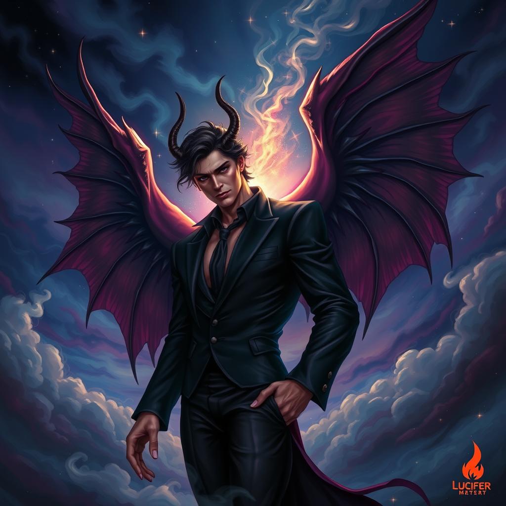 A vibrant and detailed depiction of Lucifer, traditionally represented as a strikingly handsome figure with captivating features, elegant, dark attire, and ethereal wings