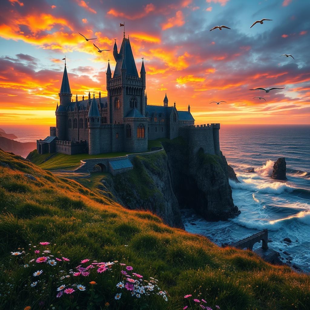 A majestic, sprawling castle situated on a rocky cliff overlooking a turbulent sea at sunset