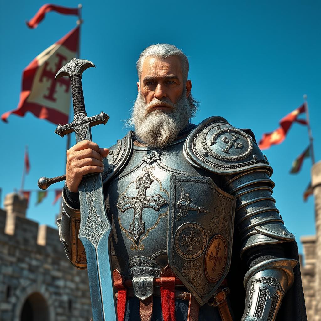 A majestic middle-aged knight from the Teutonic Order, clad in intricately detailed armor adorned with the order's emblem