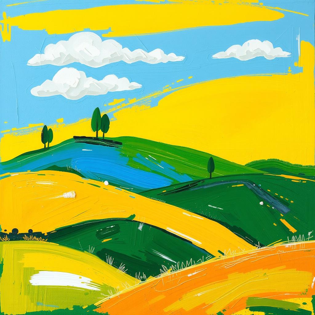 A vibrant abstract landscape painting featuring visible brushstrokes and simplified details