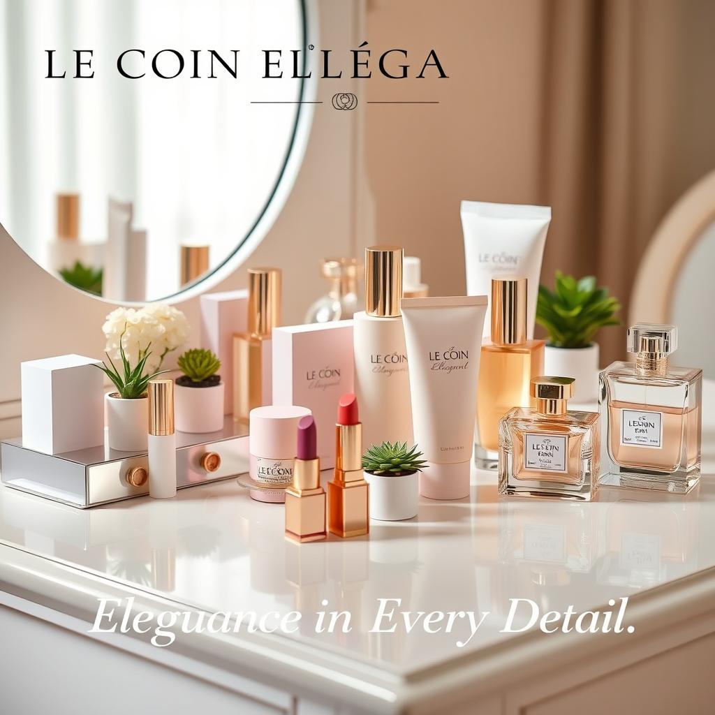 Advertisement for Le Coin Élégant beauty products featuring elegantly designed packaging displayed in a luxurious setting