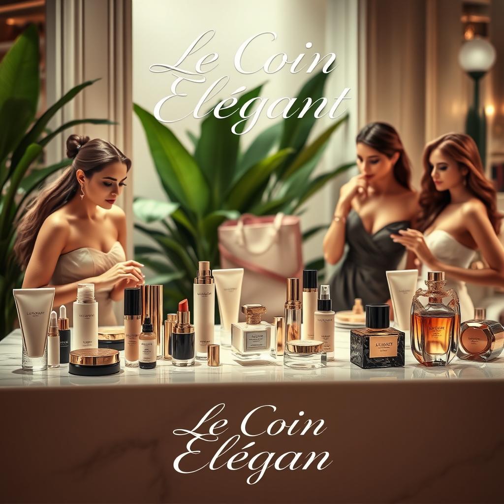 A captivating advertisement for a beauty product line named 'Le Coin Élégant'