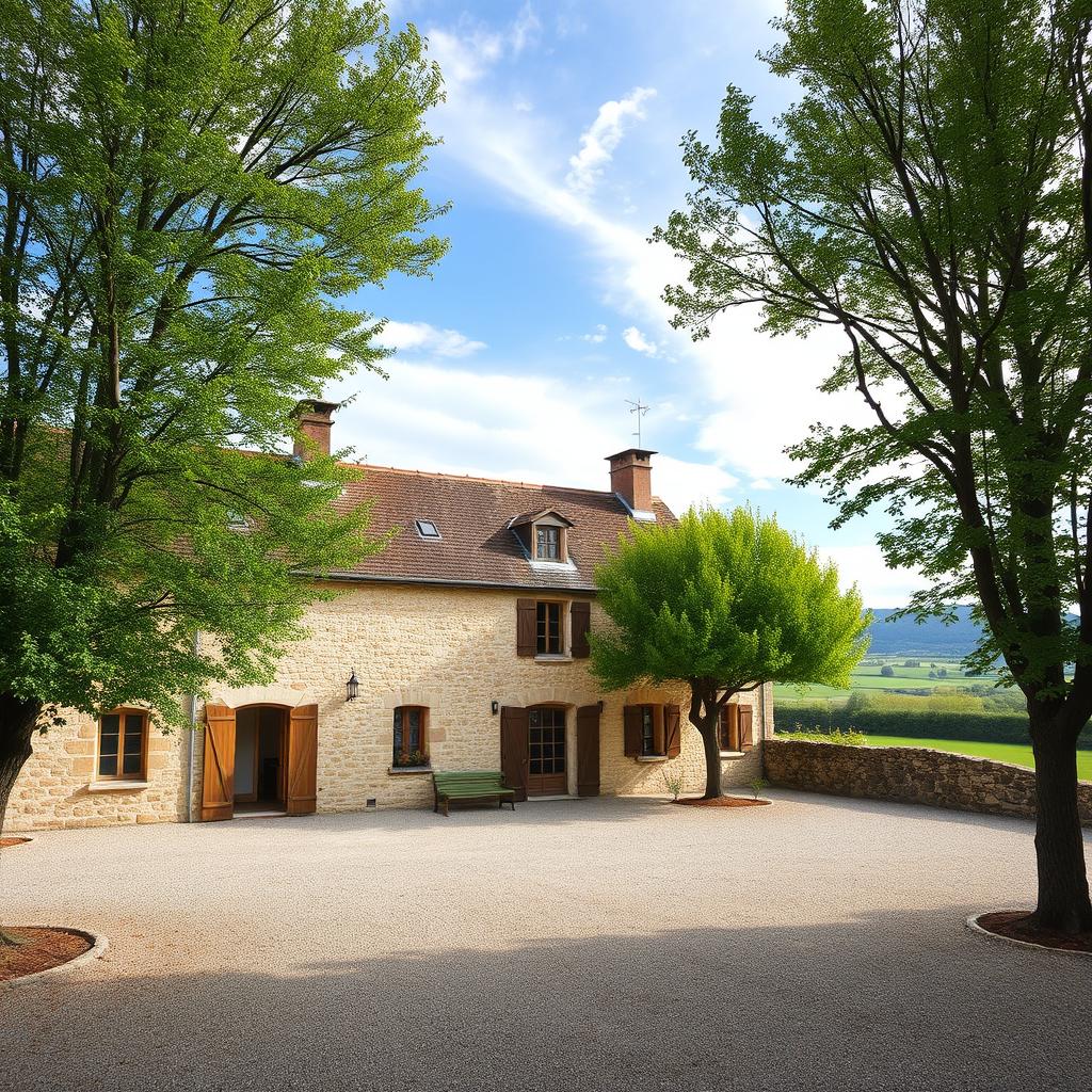 A beautifully renovated old stone farmhouse facade, highlighting its rustic elegance with textured stone walls and charming wooden shutters