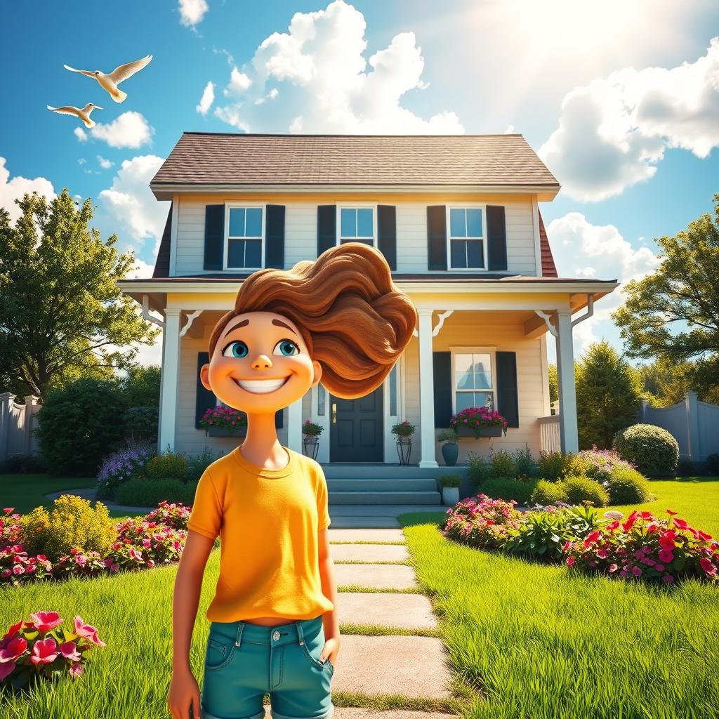 A stunning character standing in front of a beautiful home